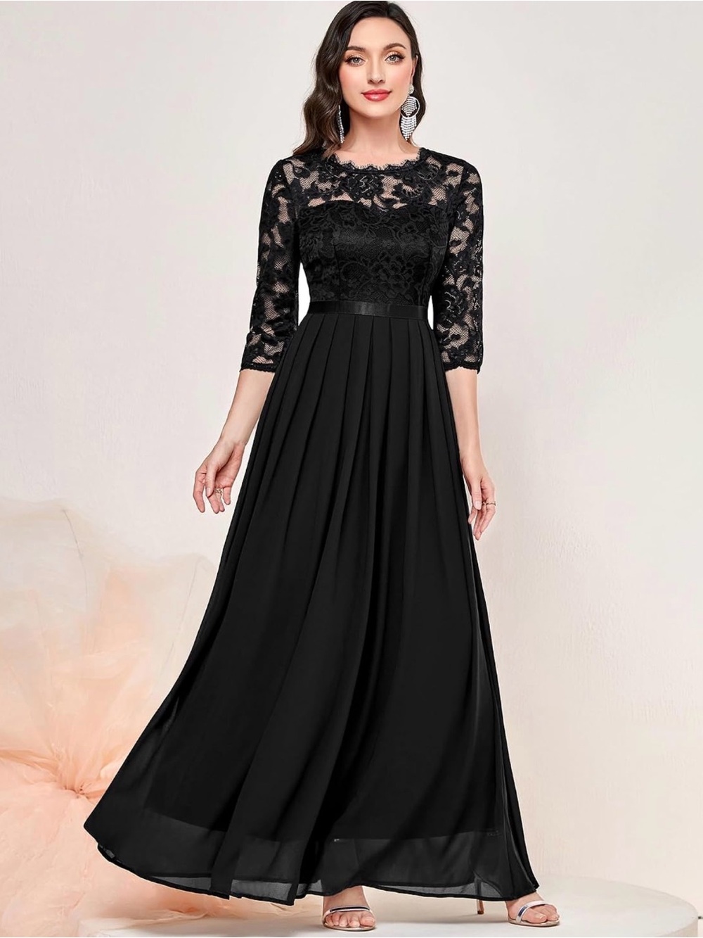 Miusol Black Lace Maxi Dress with Sheer Three-Quarter Sleeves and Pleated Skirt